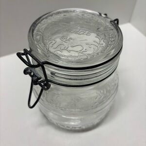Vintage Cove Clear bale wire 3/4 L jar with floral design, made in Italy